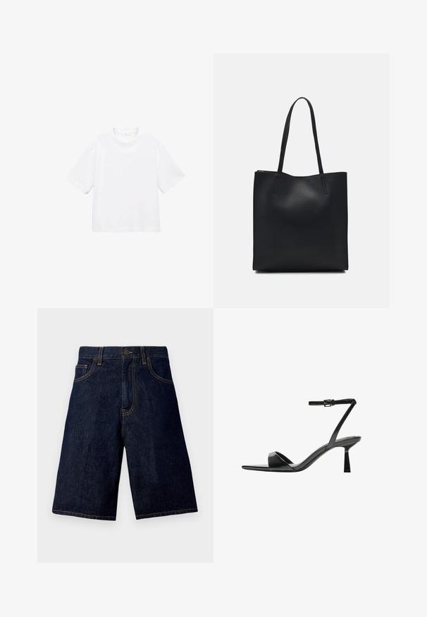 White cotton short-sleeve t-shirt with a round neckline. Simple design, loose fit, smooth texture. No patterns or accents visible.; Dark blue denim shorts with a straight cut, featuring a classic five-pocket design and contrasting gold stitching.; Bershka High heeled sandals - black; Black leather tote bag with smooth texture, rectangular shape, and two long handles. No visible hardware or embellishments.