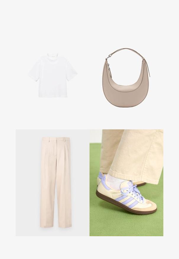 T-shirt blanc en coton à manches courtes avec un col rond. Design simple, coupe décontractée, texture lisse. Aucun motif ni accent visible.; Pantalon beige avec des plis, en tissu lisse. Présente une taille avec passants de ceinture et une coupe droite, sans poches visibles.; Baskets crème et lavande avec trois bandes et une semelle marron texturée, dotées de lacets et d'un talon rembourré. Tige en tissu doux.; Sac à épaule en cuir beige de forme croissante, texture lisse, avec une seule poignée courbée. Il possède une fermeture zippée et des coutures soignées.