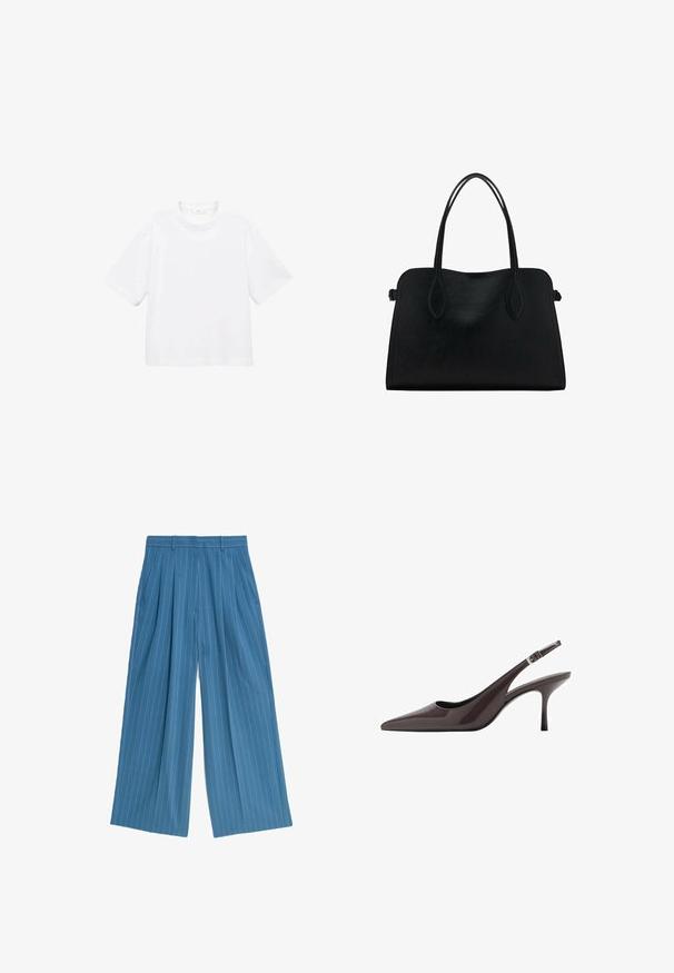 Witte katoenen t-shirt met korte mouwen en een ronde hals. Eenvoudig ontwerp, losse pasvorm, gladde textuur. Geen patronen of accenten zichtbaar.; Blauwe wijde broek met verticale witte streepjes, voorzien van voorplooien en zijzakken, gemaakt van soepele stof.; Puntige slingback hakken in donkerbruin lakleer, met een slanke hoge hak en een verstelbare enkelband met een gesp.; Zwarte leren handtas met dubbele schouderriemen, rechthoekige vorm en minimalistisch ontwerp op een witte achtergrond.