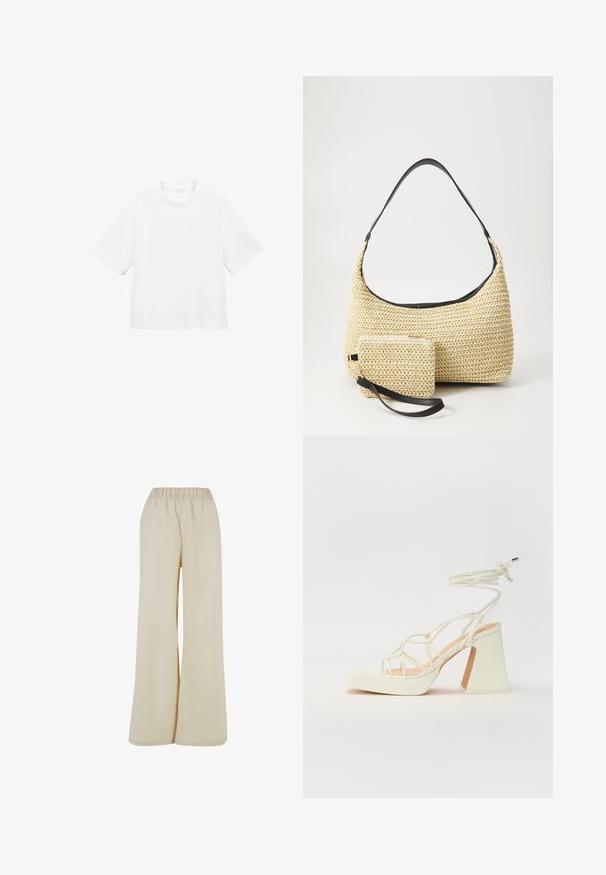 Tricou alb din bumbac, cu mânecă scurtă și guler rotund. Design simplu, croială lejeră, textură fină. Nu sunt vizibile modele sau accente.; Pantaloni largi de culoare bej deschis, cu o talie elastică. Tesătură netedă și moale, cu o croială lejeră, fără modele sau accente vizibile.; Sandale albe cu toc înalt și gros, cu un design cu curele și legătură la gleznă. Textură netedă, cu o platformă frontală pentru înălțime suplimentară.; Geantă din paie țesută, cu o siluetă curbată, având o curea din piele neagră netedă și un plic mic asortat, atașat printr-un breloc pentru încheietură.
