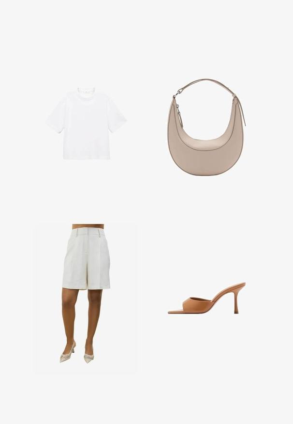 Weißes Baumwoll-T-Shirt mit kurzen Ärmeln und rundem Ausschnitt. Einfaches Design, lockere Passform, glatte Textur. Keine Muster oder Verzierungen sichtbar.; Beige Leinen-Shorts mit maßgeschneidertem Design, ausgestattet mit zwei vorderen Falten und seitlichen Taschen. Kombiniert mit spitzen, gestreiften High-Heels.; Mango PEPYT - Pantolette hoch - brown; Beige Leder Schultertasche in Halbmondform, mit glatter Oberfläche und einem geschwungenen Henkel. Verfügt über einen Reißverschluss und saubere Nähte.