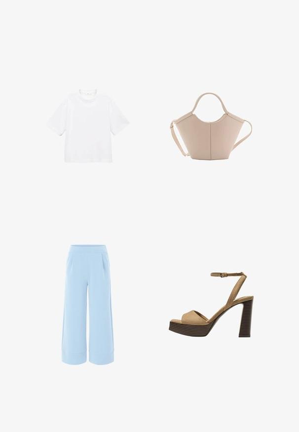 Biely bavlnený tričko s krátkym rukávom a okrúhlym výstrihom. Jednoduchý dizajn, voľný strih, hladká textúra. Žiadne vzory ani akcenty nie sú viditeľné.; Svetlomodré široké nohavice s hladkým povrchom, elastickým pásom a vyhrnutými manžetami. Obsahujú dva predné skladové detaily pre väčšiu eleganciu.; Bežové semišové sandále na vysokom opätku s širokým predným pásom a pásikom okolo členka, ktoré majú masívny drevený blokový opätok s textúrovaným povrchom.; Béžová kožená kabelka s unikátnym tvarom, vybavená dvoma krátkymi uchami a jedným dlhým nastaviteľným popruhom. Hladký povrch s minimálnym kovovým príslušenstvom.