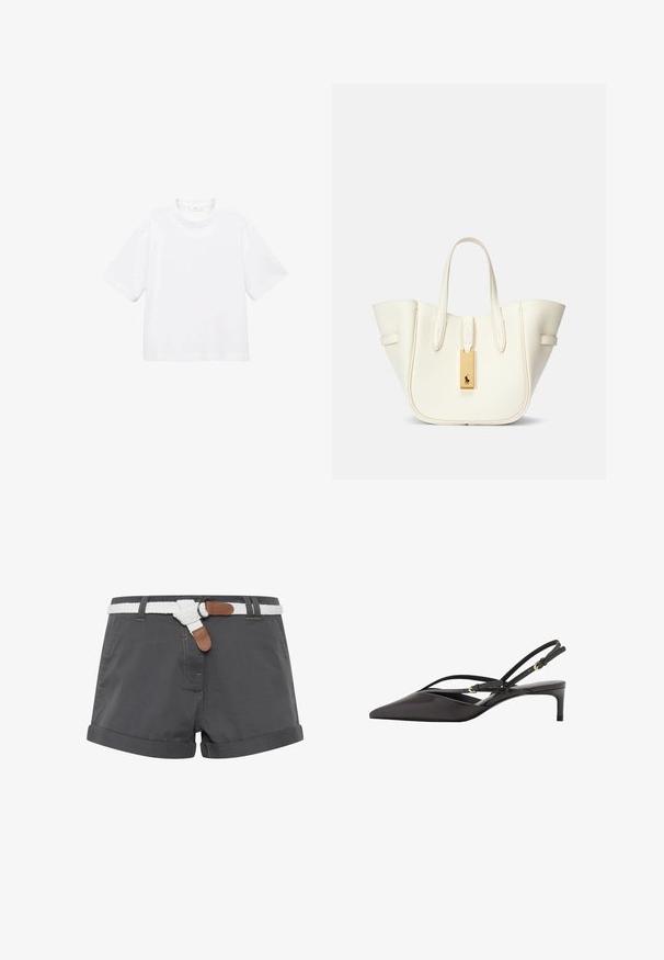 White cotton short-sleeve t-shirt with a round neckline. Simple design, loose fit, smooth texture. No patterns or accents visible.; Gray cotton shorts with rolled hems, featuring a white braided belt and brown leather accents. Stitching detail visible on the fabric.; Black leather slingback pump with a pointed toe, slender ankle straps, and a low stiletto heel. Smooth texture with minimalistic design.; White leather tote bag with a structured shape, prominent stitching, gold hardware tag, and dual handles. Textured surface with side pockets.