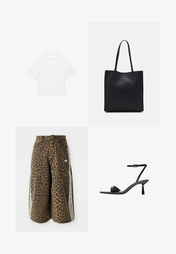 Biely bavlnený tričko s krátkym rukávom a okrúhlym výstrihom. Jednoduchý dizajn, voľný strih, hladká textúra. Žiadne vzory ani akcenty nie sú viditeľné.; Hnedé široké šortky s čiernym leopardím vzorom, bielymi bočnými pruhmi, gombíkovým zapínaním, prednými vreckami a malým logom Adidas na pravej strane.; Bershka Sandále na vysokom opätku - black; Čierna kožená taška na rameno s hladkým povrchom, obdĺžnikovým tvarom a dvoma dlhými uchami. Bez viditeľného kovania alebo ozdôb.