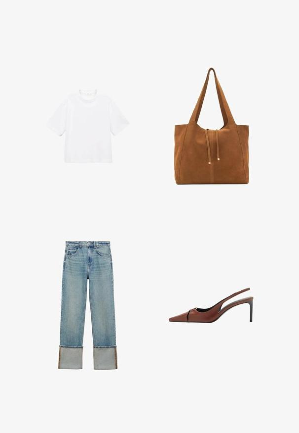 Bijela pamučna majica kratkih rukava s okruglim izrezom. Jednostavan dizajn, slobodan kroj, glatka tekstura. Nema vidljivih uzoraka ili akcenta.; Mango Traperice ravnih nogavica - blue; Smeđa kožna slingback potpetica s iznimno šiljastim vrhom, izrezanom detaljom na gornjem dijelu i elegantnom stiletto potpeticom. Glatka tekstura.; Smeđa antilop torba za ruke s dva duga remena, zatvaranje na vezicu i minimalistički dizajn. Glatka tekstura i bez vidljivih metalnih elemenata.