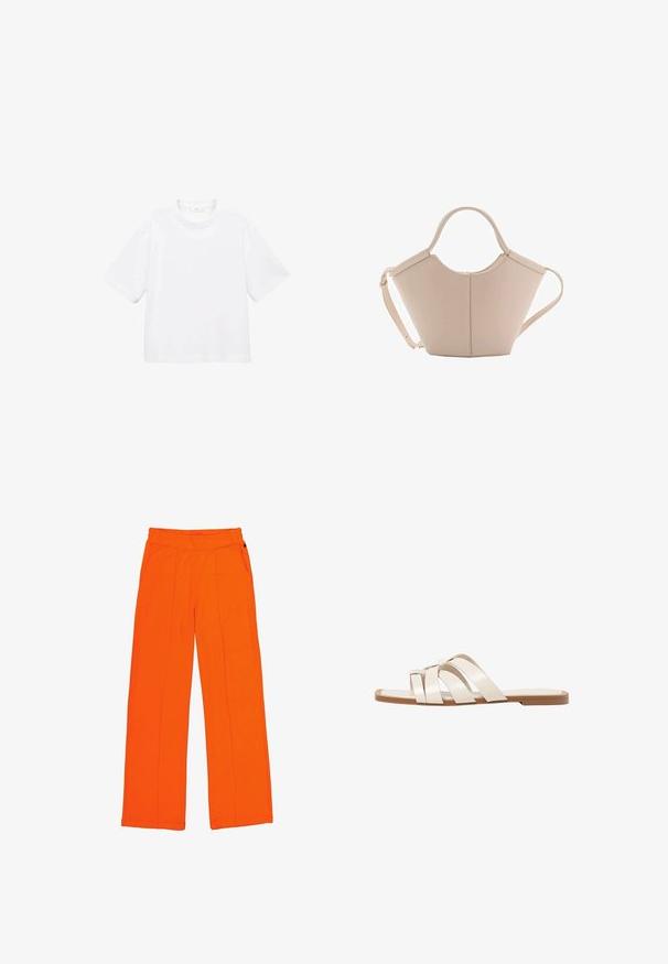 Weißes Baumwoll-T-Shirt mit kurzen Ärmeln und rundem Ausschnitt. Einfaches Design, lockere Passform, glatte Textur. Keine Muster oder Verzierungen sichtbar.; Orangene Hose aus strukturiertem Stoff, mit elastischem Bund, Vordertaschen und kontrastierenden Nähten entlang der Nähte.; Flache Sandalen mit einer honigfarbenen Gummisohle, gestaltet mit drei überlappenden weißen Lederriemen und einem kleinen Schleifendetail in der Mitte.; Beige Lederhandtasche mit einer einzigartigen Form, die zwei kurze Henkel und einen langen verstellbaren Riemen aufweist. Glatte Textur mit minimalen Hardware-Elementen.