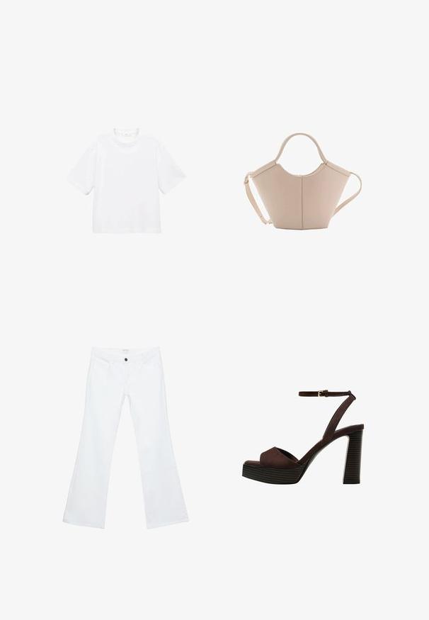 Witte katoenen t-shirt met korte mouwen en een ronde hals. Eenvoudig ontwerp, losse pasvorm, gladde textuur. Geen patronen of accenten zichtbaar.; Witte, uitlopende jeans van denim, met een vlakke voorkant met duidelijke stiksels, twee voorzakken en een enkele zwarte knop aan de taille.; Bruine suède high-heeled sandaal met een open teen, verstelbare enkelband en een gestreepte plateauzool.; Beige leren handtas met een unieke vorm, voorzien van twee korte handvatten en een lange verstelbare schouderriem. Glad oppervlak met minimale hardware.