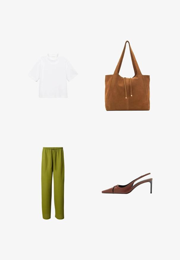 Witte katoenen t-shirt met korte mouwen en een ronde hals. Eenvoudig ontwerp, losse pasvorm, gladde textuur. Geen patronen of accenten zichtbaar.; Groene, loszittende broek met elastische taille en een trekkoord. Zachte textuur en rechte pijpen, zonder zichtbare patronen of accenten.; Bruine leren slingback hakken met een spitse neus, uitsnijding bij de bovenkant en een elegante stilettohak. Glad oppervlak.; Bruine suède schoudertas met twee lange hengsels, trekkoordsluiting en minimalistisch ontwerp. Gladde textuur en geen zichtbare hardware-accenten.