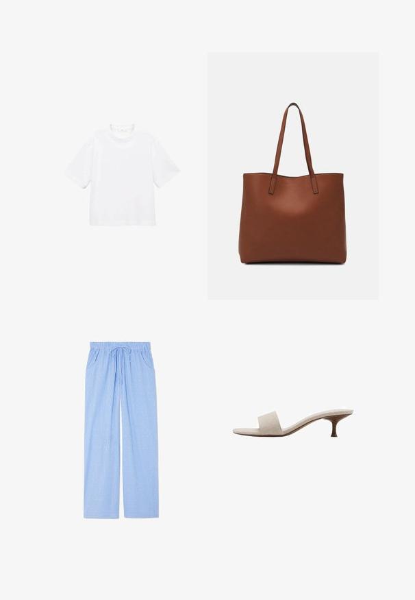 Witte katoenen t-shirt met korte mouwen en een ronde hals. Eenvoudig ontwerp, losse pasvorm, gladde textuur. Geen patronen of accenten zichtbaar.; Blauwe pyjamabroek met een verticale gestreepte print en kleine geometrische ontwerpen. Voorzien van een elastische tailleband met een trekkoord en zijzakken.; Hiel-loze sandaal met een beige geweven stoffen bovenwerk, open teen en een gebogen houten tussenzool. Het ontwerp heeft een gladde textuur en een minimalistische vorm.; Bruine leren tote bag met een gladde textuur, een ontwerp met een open bovenkant en twee schouderbanden. Kenmerkt zich door minimale stiksels en geen zichtbare hardware.