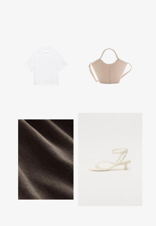 Witte katoenen t-shirt met korte mouwen en een ronde hals. Eenvoudig ontwerp, losse pasvorm, gladde textuur. Geen patronen of accenten zichtbaar.; Donkerbruine stof met een gladde, gestructureerde oppervlakte, gekenmerkt door subtiele rimpels en een zachte, matte uitstraling. Ideaal voor verschillende textieltoepassingen.; Licht ivoorkleurige sandaal met straps en een lage blokhak. Gemaakt van glad materiaal, met dunne straps en een gesp sluiting rond de enkel.; Beige leren handtas met een unieke vorm, voorzien van twee korte handvatten en een lange verstelbare schouderriem. Glad oppervlak met minimale hardware.