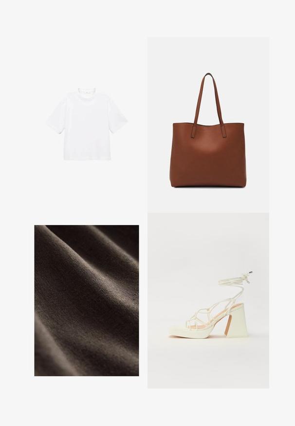Tricou alb din bumbac, cu mânecă scurtă și guler rotund. Design simplu, croială lejeră, textură fină. Nu sunt vizibile modele sau accente.; Țesătură de culoare maro închis, cu o suprafață netedă și texturată, având cute subtile și un aspect moale, mat. Ideală pentru diverse aplicații textile.; Sandale albe cu toc înalt și gros, cu un design cu curele și legătură la gleznă. Textură netedă, cu o platformă frontală pentru înălțime suplimentară.; Geantă de umăr din piele maro cu o textură netedă, design cu vârf deschis și două curele pentru umăr. Prezintă cusături minime și fără componente metalice vizibile.
