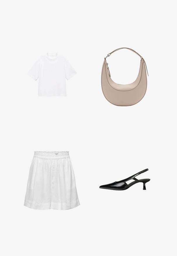 Bílý bavlněný tričko s krátkým rukávem a kulatým výstřihem. Jednoduchý design, volný střih, hladká textura. Žádné vzory ani zvýraznění nejsou viditelné.; Bílé lněné šortky s elastickým pasem a volným střihem. Mají hladkou texturu a manžety na koncích pro zvýraznění detailu.; Černé lakované lodičky na podpatku se špičatou špičkou, výřezovým designem na boku a malým čtvercovým podpatkem. Hladká textura s minimálními akcenty.; Světle béžová kožená kabelka přes rameno s půlměsíčovým tvarem, hladkým povrchem a jedním zakřiveným uchopem. Obsahuje zipový uzávěr a upravené švy.