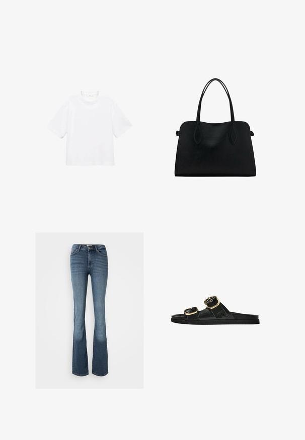 White cotton short-sleeve t-shirt with a round neckline. Simple design, loose fit, smooth texture. No patterns or accents visible.; Bootcut jeans made of blue denim. Features a mid-rise waist, five pockets, subtle stitching, and a slightly faded look on legs.; Black slide sandal with two gold buckle accents, smooth textured material, flat sole, and a minimalist design.; Black leather handbag with dual shoulder straps, rectangular shape, and minimalistic design on a white background.