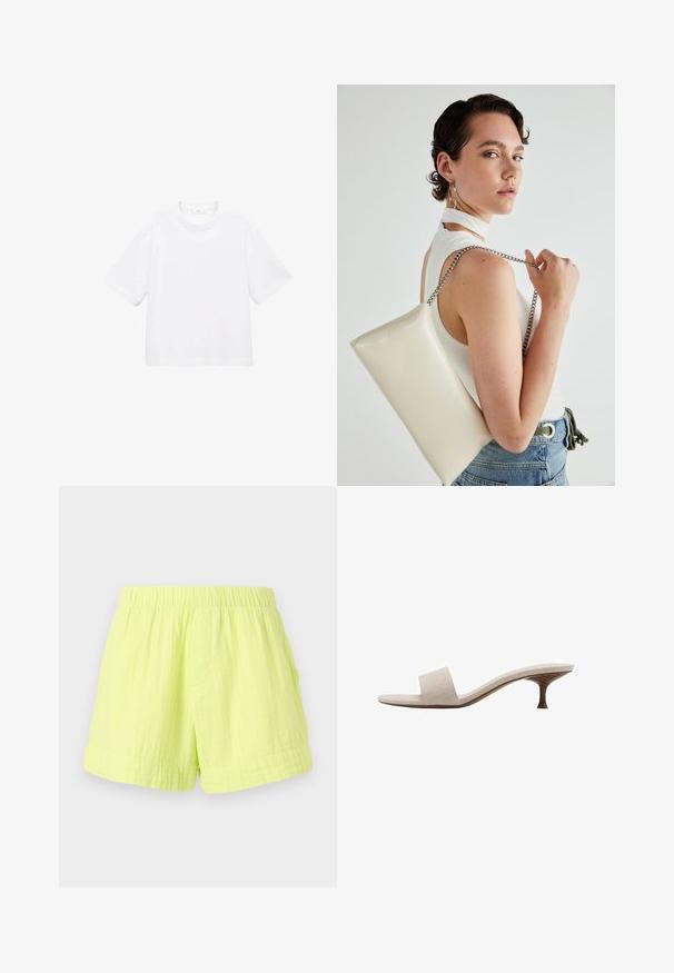 Weißes Baumwoll-T-Shirt mit kurzen Ärmeln und rundem Ausschnitt. Einfaches Design, lockere Passform, glatte Textur. Keine Muster oder Verzierungen sichtbar.; Limonengrüne Shorts aus leichtem, strukturiertem Stoff mit einem elastischen Bund und einer seitlichen Tasche. Keine sichtbaren Verschlüsse.; Fersenlose Sandale mit einem Obermaterial aus beigem gewebtem Stoff, offener Zehenpartie und geschwungenem Holzmittelsohle. Das Design zeichnet sich durch eine glatte Textur und eine minimalistische Form aus.; Weiße rechteckige Clutch aus glänzendem Material mit einem silbernen Kettenriemen. Das Model posiert und präsentiert die Tasche vor einem schlichten Hintergrund.
