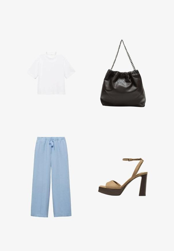 Biely bavlnený tričko s krátkym rukávom a okrúhlym výstrihom. Jednoduchý dizajn, voľný strih, hladká textúra. Žiadne vzory ani akcenty nie sú viditeľné.; Mango Nohavice - light blue; Bežové semišové sandále na vysokom opätku s širokým predným pásom a pásikom okolo členka, ktoré majú masívny drevený blokový opätok s textúrovaným povrchom.; Hnedá kožená taška so zberaným vrchom a reťazovým popruhom. Hladký povrch s lesklým finišom a jemným švom po stranách.