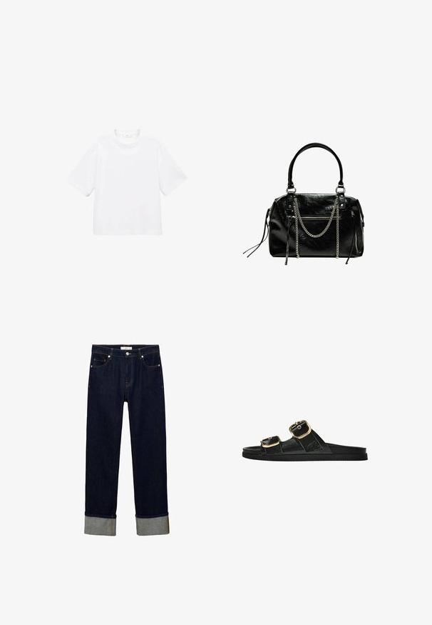 Biely bavlnený tričko s krátkym rukávom a okrúhlym výstrihom. Jednoduchý dizajn, voľný strih, hladká textúra. Žiadne vzory ani akcenty nie sú viditeľné.; Tmavo modré denimové džínsy s rovnými nohavicami, s manžetami v svetlo šedej farbe a viditeľnými švami na vreckách a páse.; Čierne šľapky s dvoma zlatými prackami, hladký textúrovaný materiál, plochá podrážka a minimalistický dizajn.; Bershka WITH CHAIN - Kabelka - black