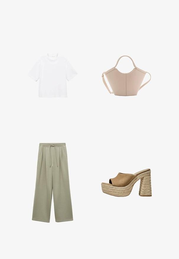 Witte katoenen t-shirt met korte mouwen en een ronde hals. Eenvoudig ontwerp, losse pasvorm, gladde textuur. Geen patronen of accenten zichtbaar.; Lichtgroene, wijde sweatpants van zacht stof. Voorzien van een trekkoord in de taille, plooien en een ontspannen pasvorm. Geen zichtbare zakken.; Bruine suède platform mules met een open teen, voorzien van een stevige gevlochten jute hak en een glad, rond ontwerp aan de bovenkant.; Beige leren handtas met een unieke vorm, voorzien van twee korte handvatten en een lange verstelbare schouderriem. Glad oppervlak met minimale hardware.