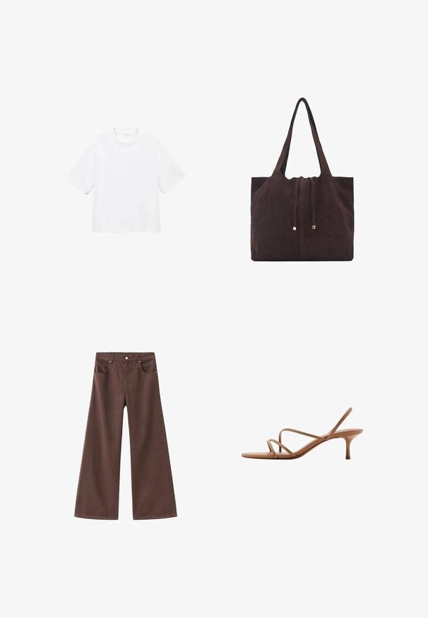 Bela bombažna majica s kratkimi rokavi in okroglo ovratnikom. Preprost dizajn, ohlapen kroj, gladka tekstura. Brez vzorcev ali vidnih poudarkov.; Rjavi široki džins hlače iz denima. Imajo pet žepov, zadrgo in kovinske zakovice. Gladka tekstura in klasična zasnova.; Rjave sandale na vezanje z minimalističnim dizajnom. Imajo tanek peto in raven podplat, izdelane so iz gladkega materiala z finimi trakovi.; Mango Torba za nakupovanje - dark brown