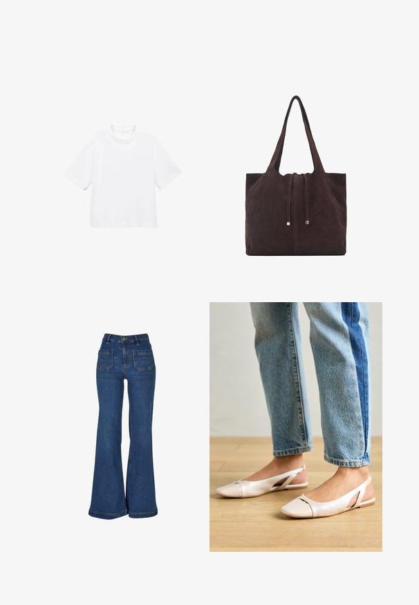Tricou alb din bumbac, cu mânecă scurtă și guler rotund. Design simplu, croială lejeră, textură fină. Nu sunt vizibile modele sau accente.; Jeans evazați cu talie înaltă, confecționați din denim albastru închis, având cinci buzunare, cusături galbene și închidere cu nasture la talie.; Sandalete plate de un roz pal cu vârf ascuțit, realizate dintr-un material asemănător pielii, neted. Prezintă detalii decupate pe laterale și un toc plat.; Mango Geantă de pânză - dark brown
