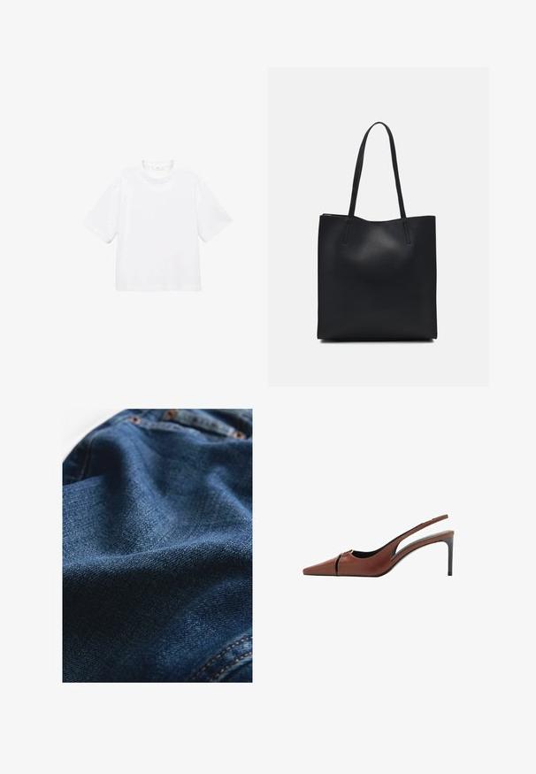Biely bavlnený tričko s krátkym rukávom a okrúhlym výstrihom. Jednoduchý dizajn, voľný strih, hladká textúra. Žiadne vzory ani akcenty nie sú viditeľné.; Denimová tkanina v tmavomodrej farbe, s hladkou textúrou a jemnými variáciami tkania, doplnená kontrastným šitím.; Hnedé kožené sandále na podpätku so špicatou špičkou, výrezom na priehlavku a elegantným stiletto podpätkom. Hladká textura.; Čierna kožená taška na rameno s hladkým povrchom, obdĺžnikovým tvarom a dvoma dlhými uchami. Bez viditeľného kovania alebo ozdôb.