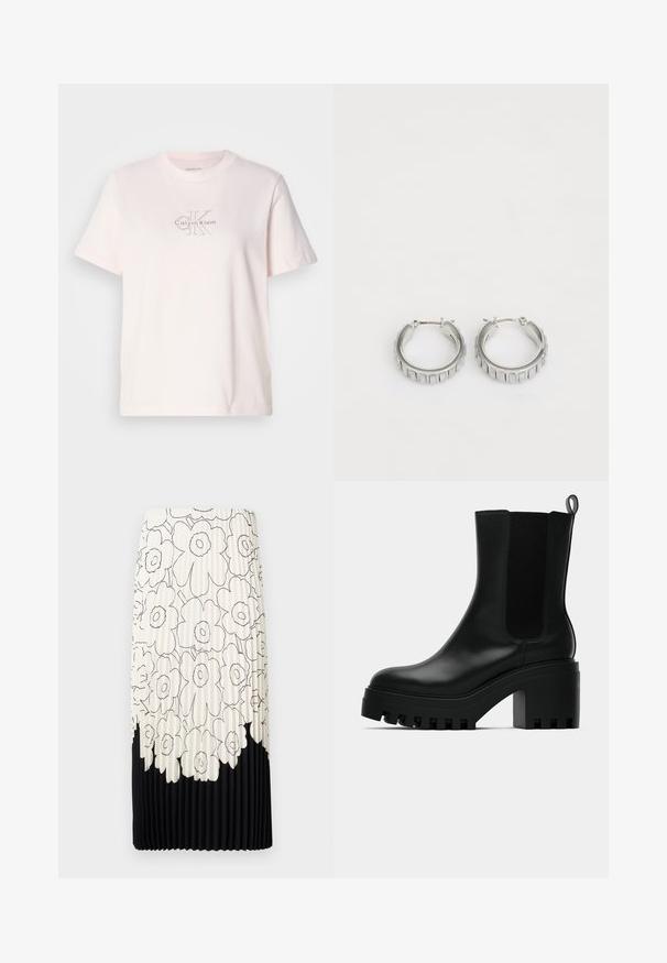 Svetlo roza bombažna majica s krojem okoli vratu, ki ima srebrno vezeno logo "Calvin Klein" in diskretno zasnovo "CK" na prsih.; Nabrana krila s črno-bele cvetlične slike, ki ima svetlo zgornje polovico s cvetlicami in enobarvni črn spodnji rob.; Črne usnjene gležnjarje s okroglo konico, debelim podplatom in stranskimi mrežastimi detajli. Imajo zanko za enostavno obuvanje.; Srebrni obroči s teksturiranim dizajnom, ki vsebuje navpične rebraste vzorce. Krožna oblika z varnim zapiranjem na zaponko. Gladek zaključek.