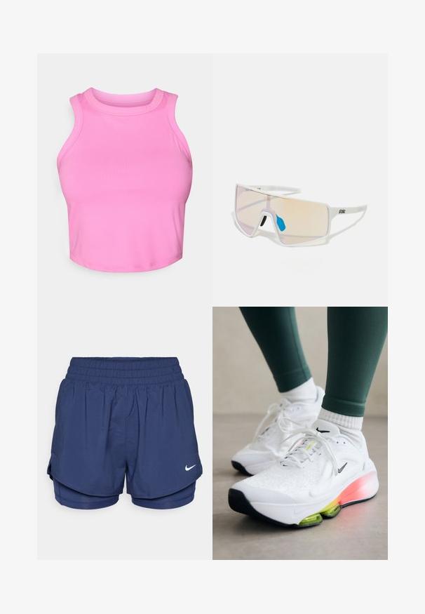 Pink crop top with a high neckline and sleeveless design. Made from smooth, stretchy fabric with no visible patterns or hardware.; Navy blue double-layer sports shorts with elastic waistband and white Nike swoosh logo on front right side.; Nike Performance VERSAIR - Training shoe - white/cyber volt/black; White-framed sunglasses with large, gradient lenses featuring a pink to light orange tint, accentuated by a blue nose piece and logo detail.