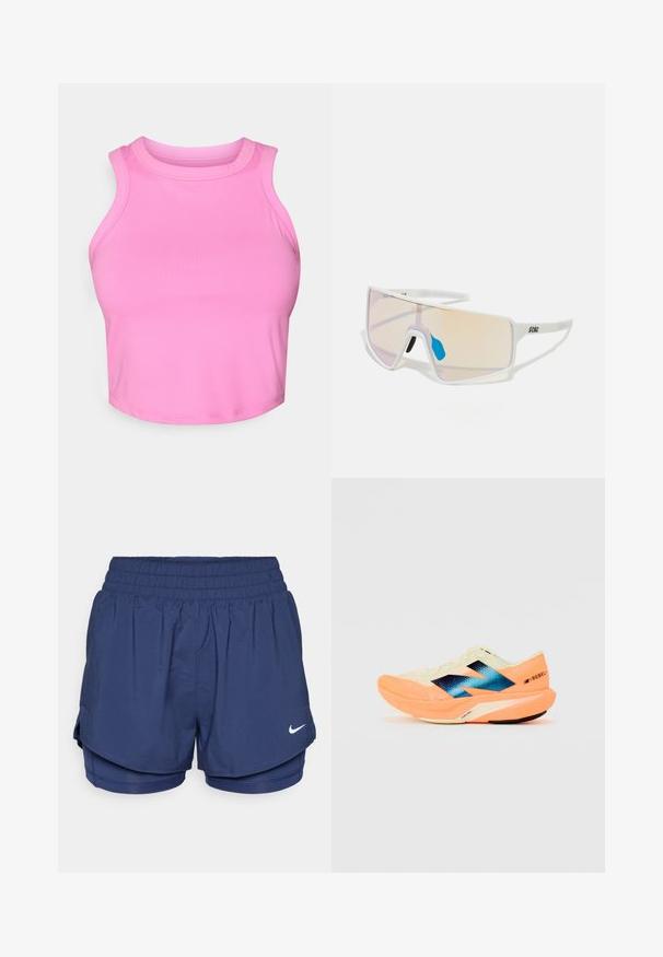 Pink crop top with a high neckline and sleeveless design. Made from smooth, stretchy fabric with no visible patterns or hardware.; Navy blue double-layer sports shorts with elastic waistband and white Nike swoosh logo on front right side.; Running shoe with a lightweight cream upper, blue branding, and orange accents on the sole. Mesh texture for breathability.; White-framed sunglasses with large, gradient lenses featuring a pink to light orange tint, accentuated by a blue nose piece and logo detail.