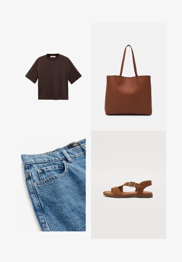 Braun t-Shirt mit kurzen Ärmeln aus weicher Baumwolle. Verfügt über einen runden Ausschnitt und einen kastigen Schnitt, mit einer glatten Textur und ohne sichtbare Muster.; Denimjeans in einem mittleren Blau mit einer verblassten Textur. Merkmale sind fünf Taschen, Kupfennieten und gestickte Details entlang der Nähte.; Braune Leder-Sandalette mit verstellbarem Schnallenverschluss, offenen Zehen, gepolstertem Fußbett und Gummisohle. Schlichtes Design mit seitlichem Logo-Detail.; Braune Leder-Tote mit glatter Textur, offenem Oberteil und zwei Schulterriemen. Verfügt über minimale Nähte und keine sichtbaren Beschläge.