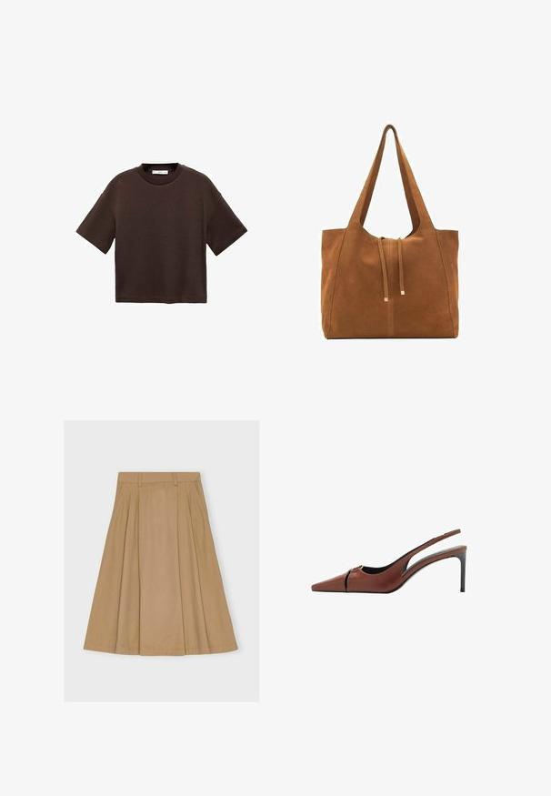 Smeđi kratki rukav majica od mekog pamuka. Ima okrugli izrez i širok kroj, s glatkom teksturom i bez vidljivih uzoraka.; Suknja do koljena, nabranog dizajna u svijetlo smeđem pamuku, s uskim pojasom s petljama za remen i ravnim rubom.; Smeđa kožna slingback potpetica s iznimno šiljastim vrhom, izrezanom detaljom na gornjem dijelu i elegantnom stiletto potpeticom. Glatka tekstura.; Smeđa antilop torba za ruke s dva duga remena, zatvaranje na vezicu i minimalistički dizajn. Glatka tekstura i bez vidljivih metalnih elemenata.