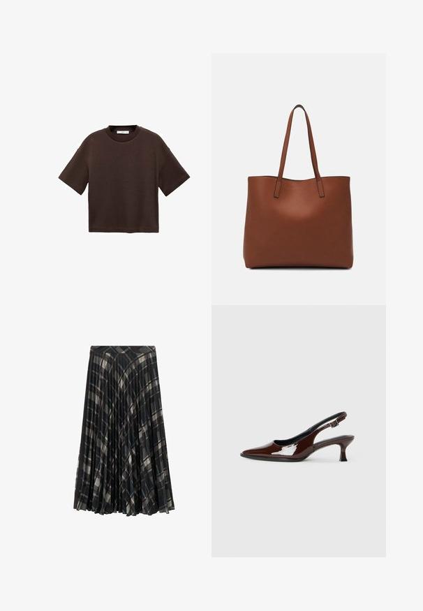 Tricou scurt cu mânecă scurtă, de culoare maro, fabricat din bumbac moale. Are un decolteu rotund și o croială tip boxy, cu o textură netedă și fără modele vizibile.; Fustă midi plisată neagră cu model în carouri în nuanțe de gri și bej, având o talie bine definită și o textură moale.; Pantofii slingback din piele patent maro, cu vârful ascuțit și un toc moderat. Prezintă o curea cu prindere pentru o potrivire sigură. Textură netedă.; Geantă de umăr din piele maro cu o textură netedă, design cu vârf deschis și două curele pentru umăr. Prezintă cusături minime și fără componente metalice vizibile.
