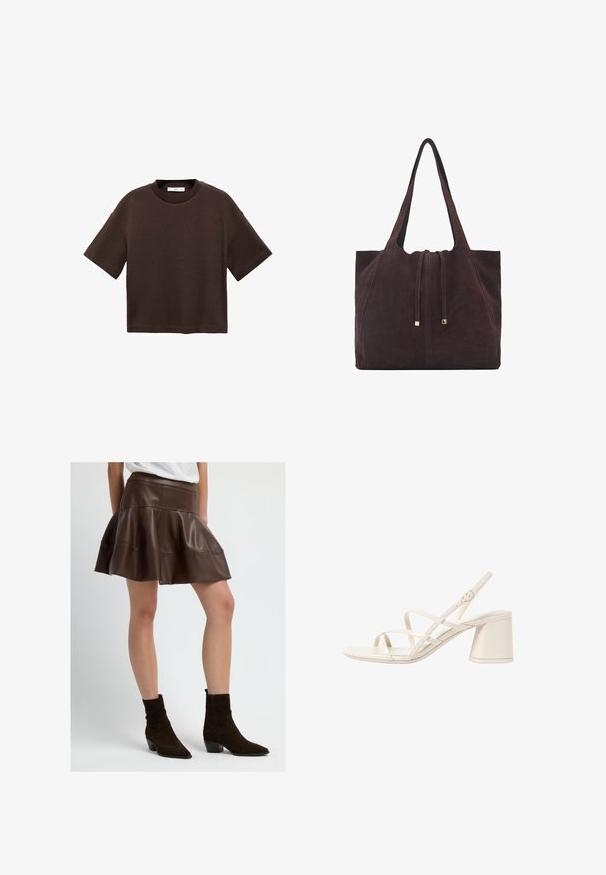 Brun kortærmet t-shirt lavet af blød bomuld. Har en rund halsudskæring og en boxy pasform, med en glat tekstur og ingen synlige mønstre.; Brun faux læder flared nederdel med en tætsiddende talje, prydet med stikninger. Kombineret med brune ruskind ankelstøvler med spids tå.; Beige hælede sandaler med slanke, krydsende stropper, åben tå og en kvadratisk blokhæle. Glat lakeret finish, justerbar ankelrem.; Mango Shopping bags - dark brown