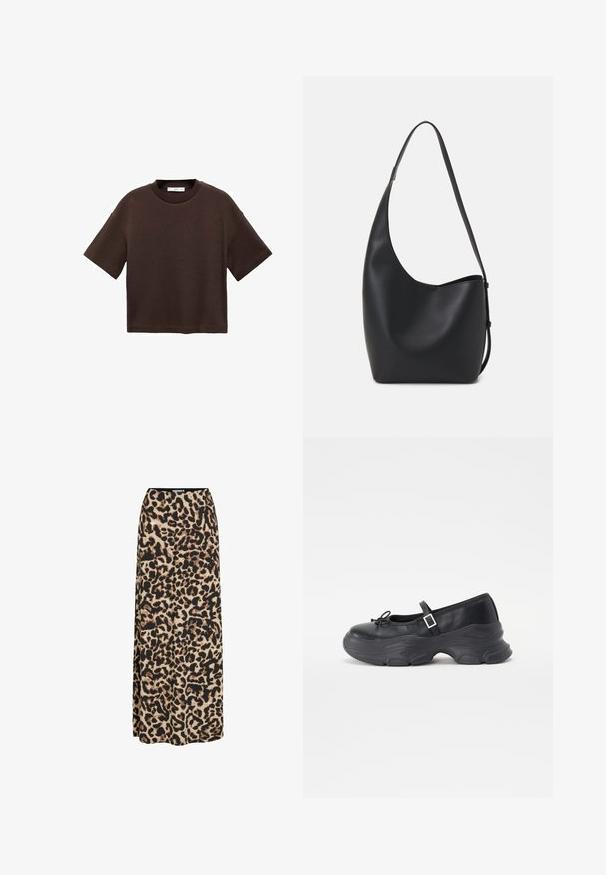 Bruine T-shirt met korte mouwen, gemaakt van zachte katoen. Heeft een ronde halslijn en een recht model, met een gladde textuur en geen zichtbare patronen.; VILA LEOA HIGH WAIST - Maxirok - black; Zwarte leren Mary Jane-schoen met een ronde neus, strikdetails en een verstelbare enkelband. Beschikt over een chunky rubberen zool met gebogen accenten.; Zwarte leren hobo tas met een gladde textuur, kromme vorm en een enkele verstelbare schouderband; heeft een brede opening aan de bovenkant.