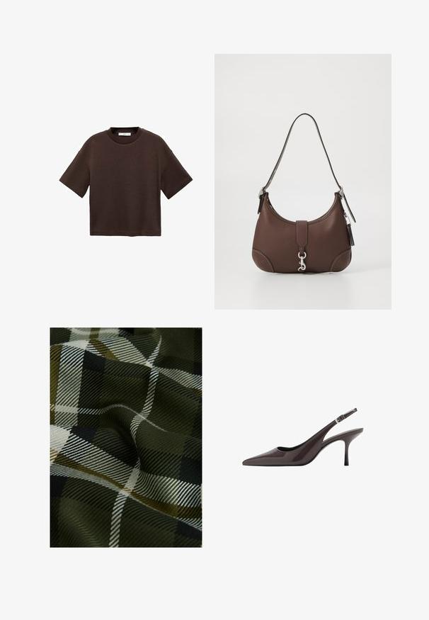 T-shirt marron à manches courtes en coton doux. Dispose d'un col rond et d'une coupe ample, avec une texture lisse et sans motifs visibles.; Tissu à carreaux tissé présentant des couleurs vert foncé, noir et blanc. La texture est lisse avec une finition douce et à motifs.; Talons aiguilles slingback en cuir verni marron foncé, avec un talon haut élancé et une sangle de cheville réglable avec une boucle.; Sac à main en cuir marron de forme ronde, avec des accessoires en argent et des coutures décoratives. Il est doté d'une bandoulière et d'une fermeture à cliquet.