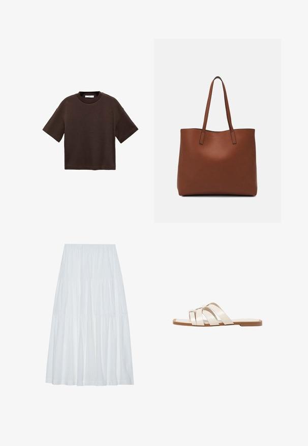 Brązowa koszulka z krótkim rękawem, wykonana z miękkiej bawełny. Posiada okrągły dekolt i luźny krój, charakteryzuje się gładką fakturą i brakiem widocznych wzorów.; Biała, warstwowa spódnica midi z elastycznym paskiem, wyróżniająca się teksturowanym materiałem i subtelnymi, pionowymi paskami na całej powierzchni.; Płaskie sandały z brązową gumową podeszwą, zaprojektowane z trzema nakładającymi się na siebie białymi skórzanymi paskami i małym detalem w postaci kokardy na środku.; Brązowa skórzana torba tote o gładkiej fakturze, z otwartym wierzchem i dwoma ramiączkami. Charakteryzuje się minimalnym przeszyciem i brakiem widocznych elementów metalowych.