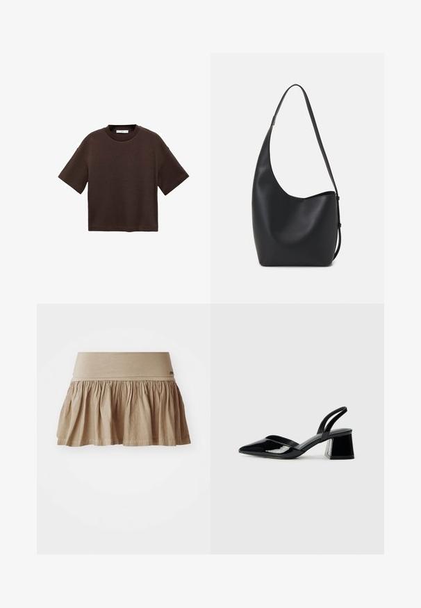 Brown short-sleeve t-shirt made of soft cotton. Features a round neckline and a boxy fit, with a smooth texture and no visible patterns.; Beige cotton skirt with a gathered hem, featuring a wide elastic waistband. Lightweight material with a soft texture and casual design.; Black patent leather slingback heels with a pointed toe and a geometric block heel. Features a sleek, minimal design and smooth texture.; Black leather hobo bag with a smooth texture, curved shape, and single adjustable strap; features a wide opening at the top.