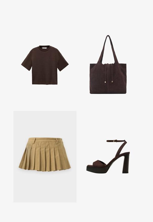 Hnedé tričko s krátkym rukávom vyrobené z mäkké bavlny. Má okrúhly výstrih a voľný strih, s hladkou textúrou a bez viditeľných vzorov.; Plisovaná sukňa z béžovej tkaniny, s priliehavým pásom, viacerými plisami a rovno strihaným spodným okrajom. Žiadne viditeľné zapínanie ani dekorácie.; Hnedé semišové sandále na vysokom podpätku s otvorenou špičkou, nastaviteľným členkovým remienkom a pruhovanou platformovou podrážkou.; Mango Veľká kabelka - dark brown