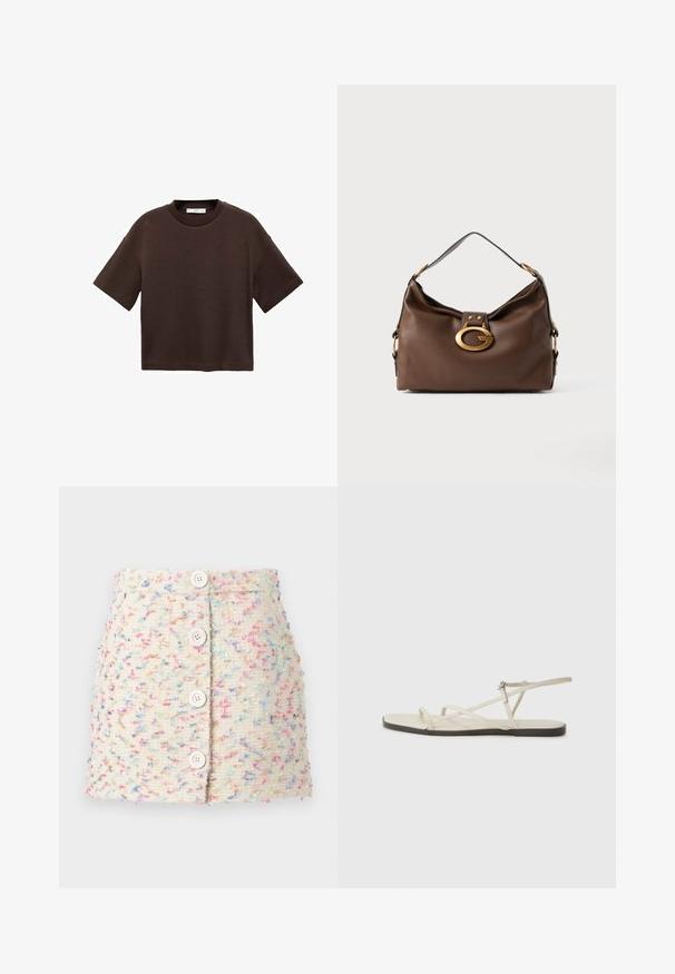 Tricou scurt cu mânecă scurtă, de culoare maro, fabricat din bumbac moale. Are un decolteu rotund și o croială tip boxy, cu o textură netedă și fără modele vizibile.; Fustă mini din țesătură împletită, de culoare crem deschis, cu pete colorate. Prezintă patru butoane mari albe în față și o suprafață texturată.; Sandalie plate bej cu multiple bretele subțiri și o cataramă ajustabilă. Talpa este plată, cu un ușor contrast întunecat la margine.; Geantă de umăr din piele maro cu un finisaj texturat, având un închizător din metal de culoare aurie și un singur mânere curbat.