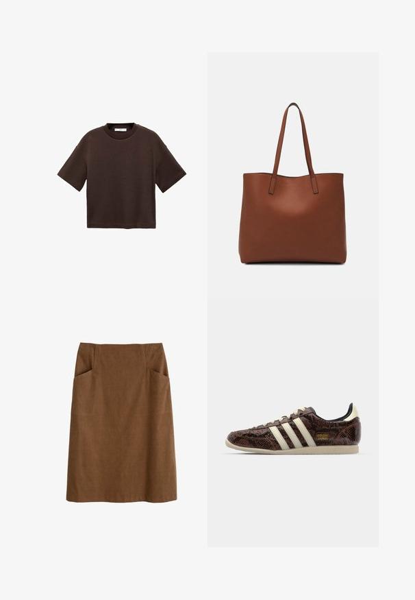 Tricou scurt cu mânecă scurtă, de culoare maro, fabricat din bumbac moale. Are un decolteu rotund și o croială tip boxy, cu o textură netedă și fără modele vizibile.; Fustă din bumbac maro, cu talie ajustată, două buzunare laterale și croială dreaptă. Materialul are o textură moale și un luciu subtil.; adidas Originals JAPAN - Sneakers low - preloved brown/cream white/core black; Geantă de umăr din piele maro cu o textură netedă, design cu vârf deschis și două curele pentru umăr. Prezintă cusături minime și fără componente metalice vizibile.