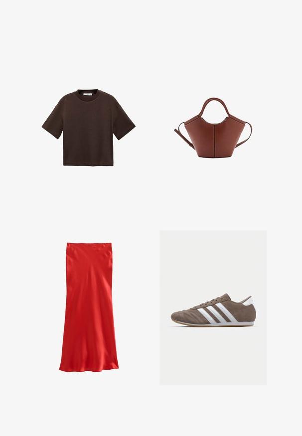 Brun kortärmad t-shirt i mjuk bomull. Har en rund halsringning och en boxig passform, med en slät textur och inga synliga mönster.; Röd satin A-linje kjol med rak silhuett, mjuk textur och subtil lyster. Enkelt design utan synliga mönster eller utsmyckningar.; Bruna mockaskor för sport med vita ränder, rund tå, snörning och sula av gummigummi. Texturerad ovandel med stikningsdetaljer.; Brun läderhandväska med konisk form, robusta handtag och kontrasterande vit sömnad. Har en avtagbar axelrem för mångsidighet.