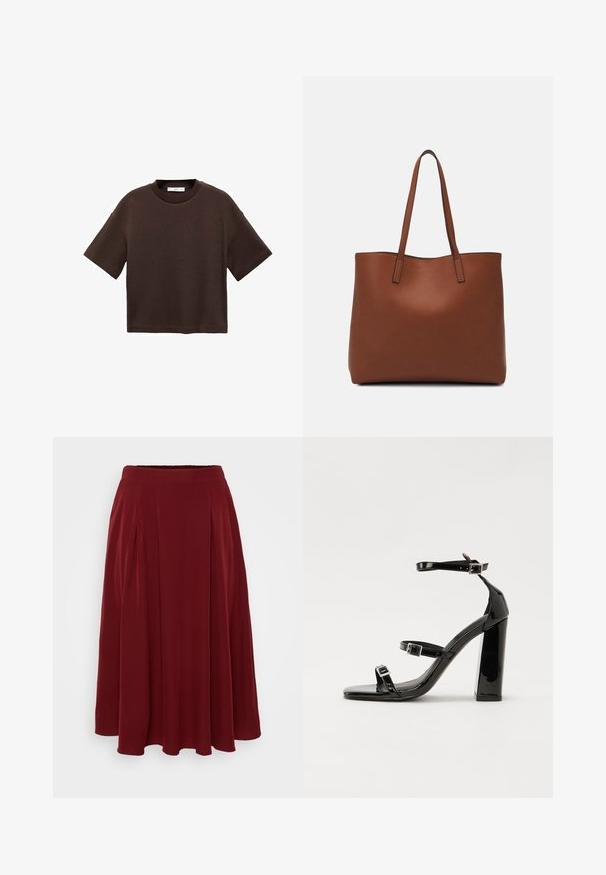 Tricou scurt cu mânecă scurtă, de culoare maro, fabricat din bumbac moale. Are un decolteu rotund și o croială tip boxy, cu o textură netedă și fără modele vizibile.; Fustă midi pliată în nuanță de roșu închis, cu o textură netedă, talie elastică și o formă fluidă, având drapaje subtile pentru un plus de detaliu.; Sandale negre din piele lacuită, cu toc înalt, două curele cu catarame, vârf pătrat și toc gros, având o textură netedă și lucioasă.; Geantă de umăr din piele maro cu o textură netedă, design cu vârf deschis și două curele pentru umăr. Prezintă cusături minime și fără componente metalice vizibile.