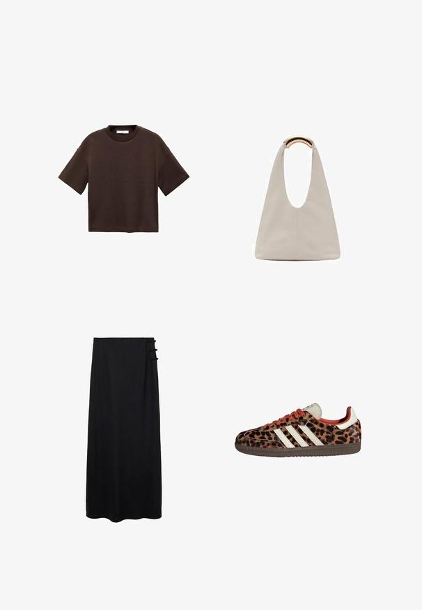 Hnedé tričko s krátkym rukávom vyrobené z mäkké bavlny. Má okrúhly výstrih a voľný strih, s hladkou textúrou a bez viditeľných vzorov.; Čierna maxi sukňa s hladkou textúrou, so bočným zapínaním a tromi slučkovými detailami pre zvýraznenie. Dlhý strih až po zem.; Tenisky s leopardím vzorom zo semišu, červenými šnúrkami a tromi bielymi pruhmi na bokoch. Majú krémovú jazyk a hnedú podrážku.; Svetlosivá kožená taška s U-tvarom a zakrivenou kovovou rukoväťou. Hladký povrch s minimálnym prešívaním a bez viditeľných vzorov.