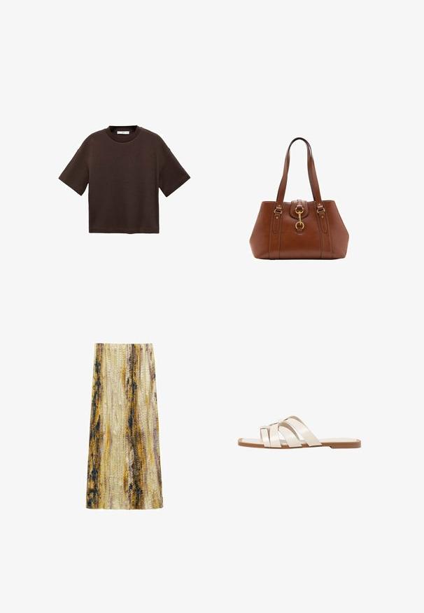 Smeđi kratki rukav majica od mekog pamuka. Ima okrugli izrez i širok kroj, s glatkom teksturom i bez vidljivih uzoraka.; Široka midi suknja od teksturiranog materijala s valovitim uzorcima u žutoj, ljubičastoj i plavoj boji, s prirodnim padajun.; Ravne sandale s smeškom od gume, dizajnirane s tri preklapajuće bele kožne trake i malim detaljem mašne u sredini.; Smeđa kožna ženska torba sa strukturiranim oblikom, zlatnim ukrasima, dvostrukim naramenicama i ukrasnom kopčom u sredini.; Naušnice u zlatnoj boji s izduženim šipkama i okruglim biserima na krajevima. Šipke su glatke, a biseri imaju sjajnu površinu.