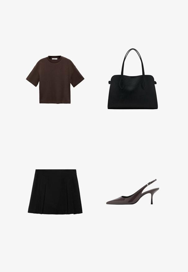 Hnedé tričko s krátkym rukávom vyrobené z mäkké bavlny. Má okrúhly výstrih a voľný strih, s hladkou textúrou a bez viditeľných vzorov.; Čierna skladaná mini sukňa s hladkou, textúrovanou tkaninou a diskrétnym bočným zipsom. Obsahuje rovnomerne rozmiestnené vertikálne skladania.; Sandalové topánky s špicatou špičkou v tmavo hnedých patentovaných kožách, vybavené štíhlym vysokým opätkom a nastaviteľným členkovým remienkom so sponou.; Čierna kožená kabelka s dvojitými popruhmi na rameno, obdĺžnikový tvar a minimalistický dizajn na bielom pozadí.