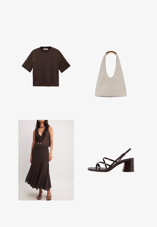 Hnedé tričko s krátkym rukávom vyrobené z mäkké bavlny. Má okrúhly výstrih a voľný strih, s hladkou textúrou a bez viditeľných vzorov.; Hnedé šatky bez rukávov s volánovým výstrihom do V, viazaním vpredu a splývavou sukňou. Ľahká látka a priliehavý pás zdôrazňujú siluetu.; Hnedé sandále na vysokom opätku s hrubým opätkom, s hladkým a lesklým povrchom a viacerými krížovými pásikmi na hornej časti.; Svetlosivá kožená taška s U-tvarom a zakrivenou kovovou rukoväťou. Hladký povrch s minimálnym prešívaním a bez viditeľných vzorov.