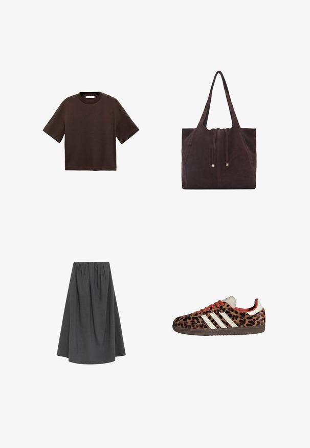 Bruine T-shirt met korte mouwen, gemaakt van zachte katoen. Heeft een ronde halslijn en een recht model, met een gladde textuur en geen zichtbare patronen.; Grijze, knielange rok gemaakt van een gebreide stof; heeft een elastische tailleband en een geplooide ontwerpen voor volume en vorm.; Leopardprint sneakers van suède met rode veters en drie witte strepen aan de zijkant. Bevat een crèmekleurige tong en een bruine zool.; Mango Shopper - dark brown