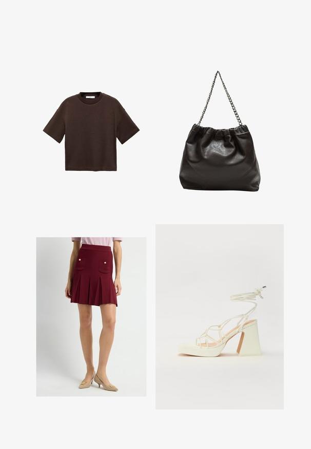 Bruine T-shirt met korte mouwen, gemaakt van zachte katoen. Heeft een ronde halslijn en een recht model, met een gladde textuur en geen zichtbare patronen.; Rode, geplooide mini-rok met een hoge tailleband, voorzien van twee voorkruisjes versierd met gouden knopen. Vergezeld van beige, puntige hakken.; Witte hoge hakken sandaal met een chunky hak, met een bandjesontwerp en enkelband. Gladde textuur met een plateau voor extra hoogte.; Bruine leren tas met een geplooide bovenkant en een kettinghengsel. Glad textuur met een glanzende afwerking en subtiele naaddetails aan de zijkanten.