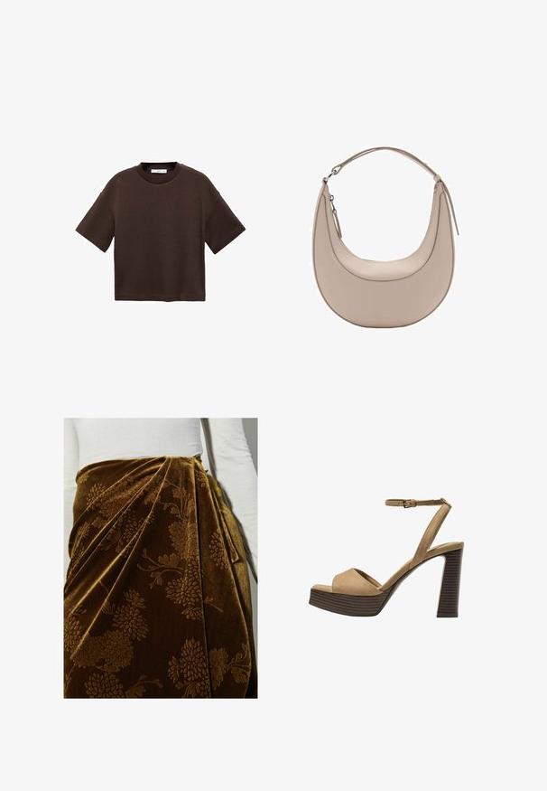 Bruine T-shirt met korte mouwen, gemaakt van zachte katoen. Heeft een ronde halslijn en een recht model, met een gladde textuur en geen zichtbare patronen.; Bruine fluwelen rok met bloemenpatroon, voorzien van plooien en een gedrapeerd ontwerp. De gestructureerde oppervlakte versterkt de luxe details.; Beige suède hoge hakken sandalen met een brede voorband en enkelband, met een dikke houten blokhak met een gestructureerde afwerking.; Beige leren schoudertas met een halve maanvorm, een soepele textuur en een enkele gebogen handgreep. Voorzien van een ritssluiting en nette stiksels.