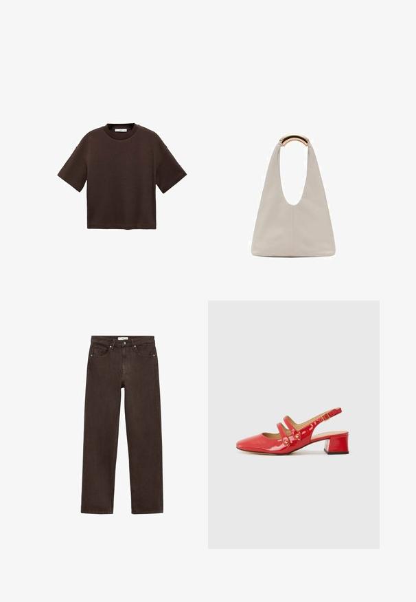 Braun majica s kratkimi rokavi, izdelana iz mehkega bombaža. Ima okroglo ovratnico in širok kroj, z gladko teksturo in brez vidnih vzorcev.; Rjave široke kavbojke iz denima, s klasičnim pet-žepnim dizajnom, gumbom za zapiranje in diskretnimi detajli šivanja.; Rde čevlje iz patentiranega usnja s slingback dizajnom in ostro konico, z dvema trakoma, ki vključujejo okrogle dodatke, ter nizko blok kapico.; Svetlo siva usnjena torba z U-oblika zasnovo in ukrivljenim kovinskim ročajem. Gladka tekstura z minimalnim šivom in brez vidnih vzorcev.