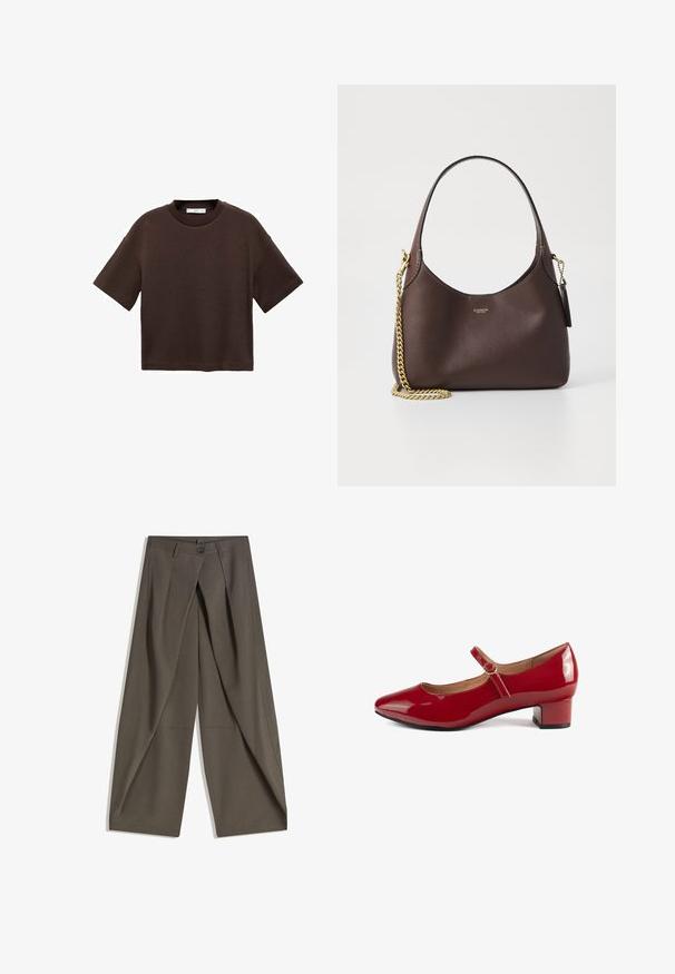 Smeđi kratki rukav majica od mekog pamuka. Ima okrugli izrez i širok kroj, s glatkom teksturom i bez vidljivih uzoraka.; Hlače širokog kroja izrađene od teksturirane tamnosive tkanine. Imaju prednji plis, kopčanje na gumb i bočne džepove za praktičnost.; Crvene lakirane Mary Jane cipele s okruglim prstima, niskim blok-štiklama i podesivim remenom s malim detaljem kopče.; COACH BROOKLYN SHOULDER BAG 23 - Ručna torba - maple