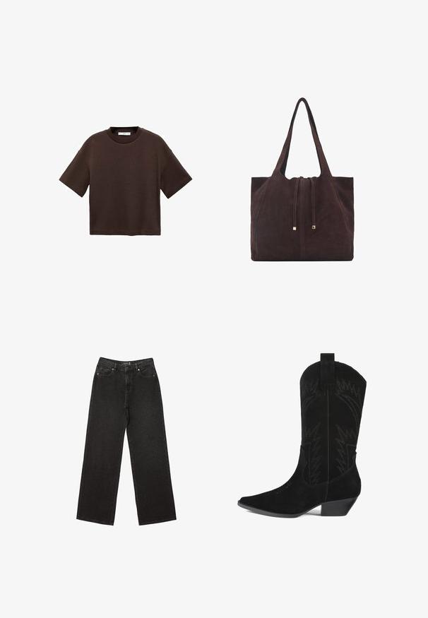 Hnědé tričko s krátkým rukávem vyrobené z měkké bavlny. Má kulatý výstřih a volný střih, s hladkou strukturou a bez viditelných vzorů.; Černé široké džíny vyrobené z denimu, s malými tečkovanými vzory, klasickým pětikapsovým designem a zapínáním na knoflík a zip.; Černá semišová cowboyská bota s špičatou špičkou, střední výškou svršku a detaily v podobě cik-cak prošití. Obsahuje nízký, zúžený podpatek.; Mango Velká kabelka - dark brown